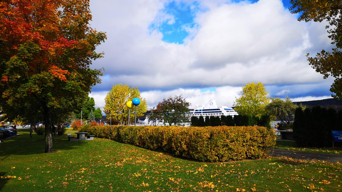 View of the autumnal scenery and a cruise ship in the Saguenay.