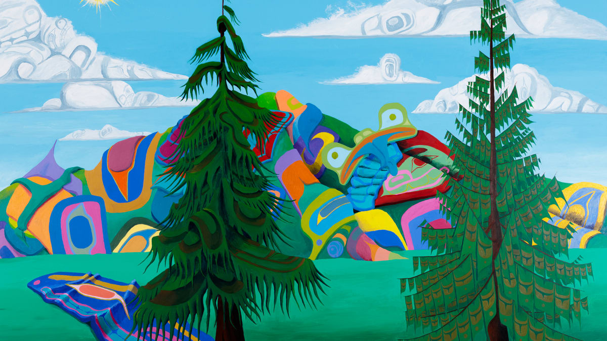 Painting of a landscape with a blue sky, colourful mountains and two evergreens in the foreground.