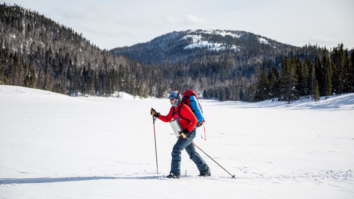 Off-trail skier on the frozen Saguenay Fjord.