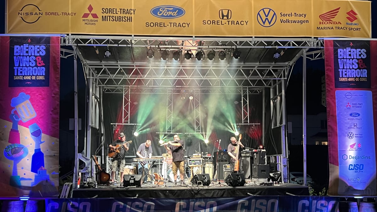 Five-person rock band on stage.