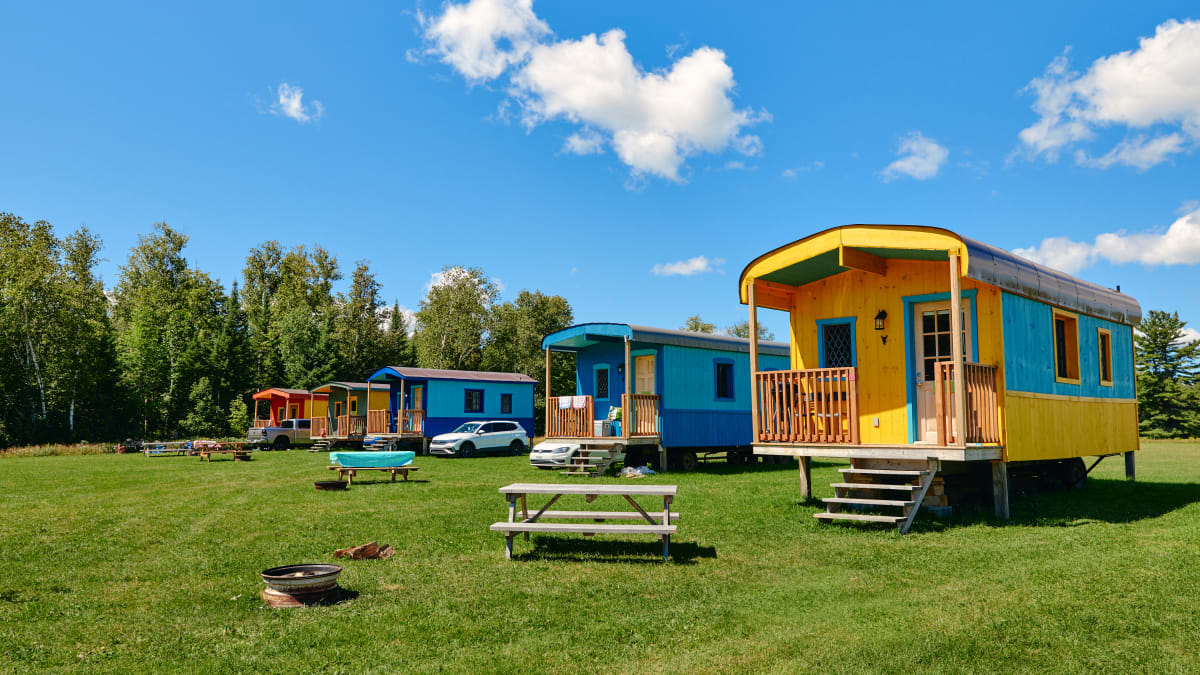 Colourful ready-to-camp units.