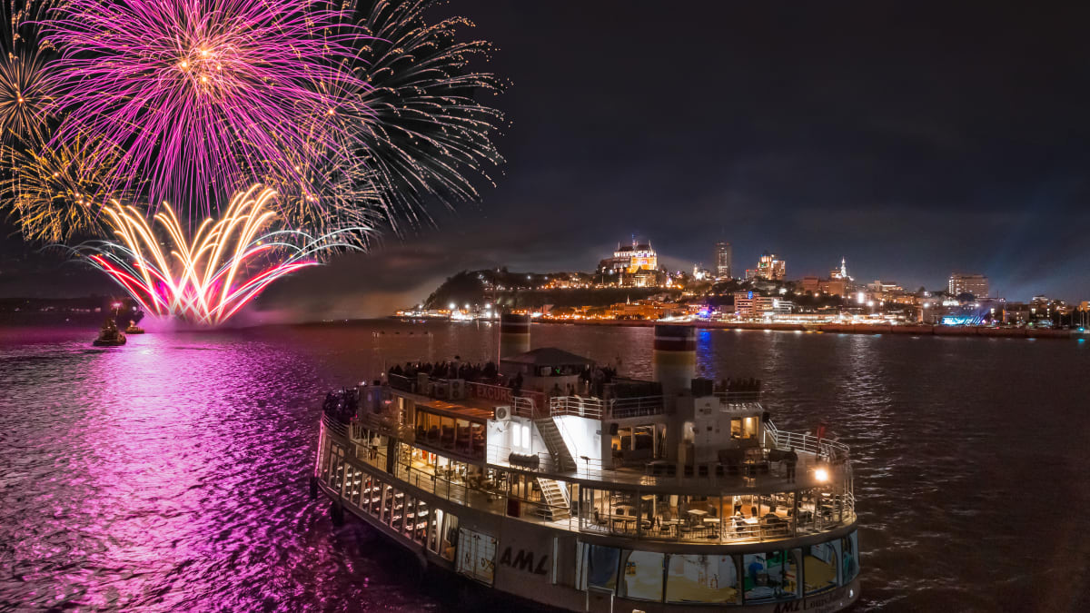 Fireworks in the sky in Québec City and AML cruise ship