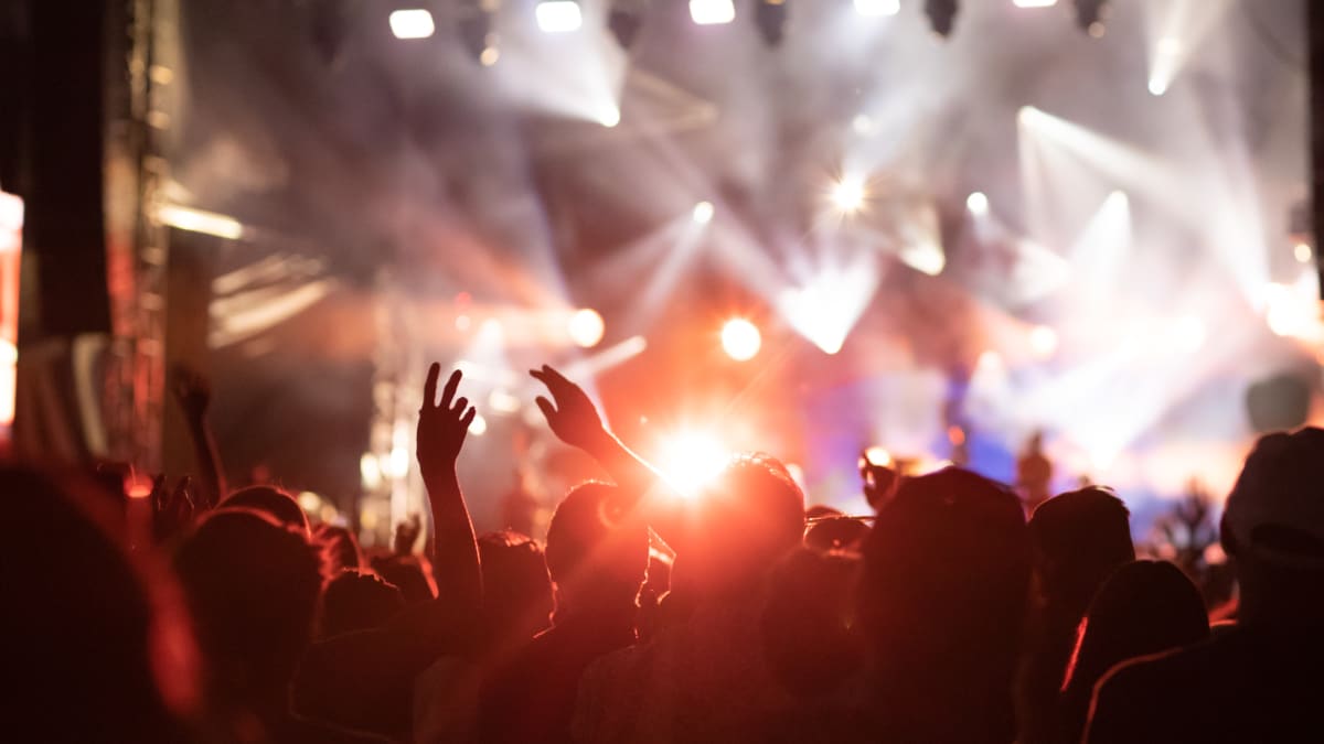 Festival crowd seen from behind under the red light of a spotlight.