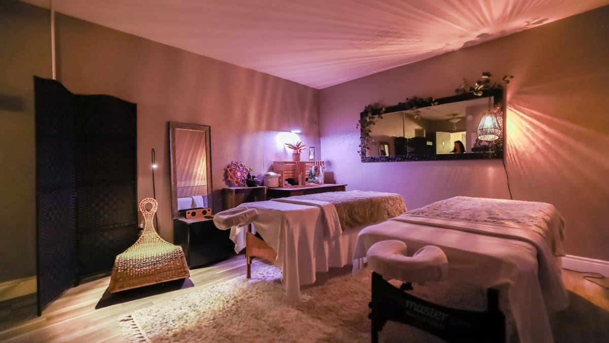Room set up for a couple's massage at the hotel.