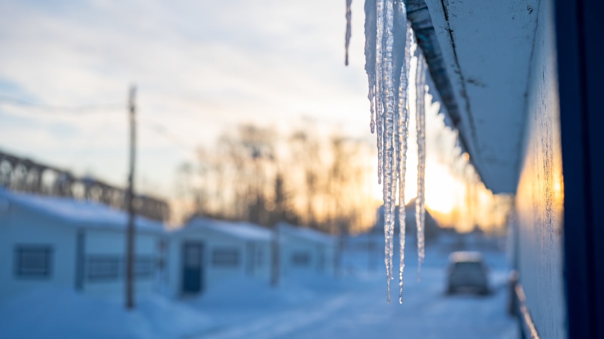 Ice fishing village in the late afternoon.