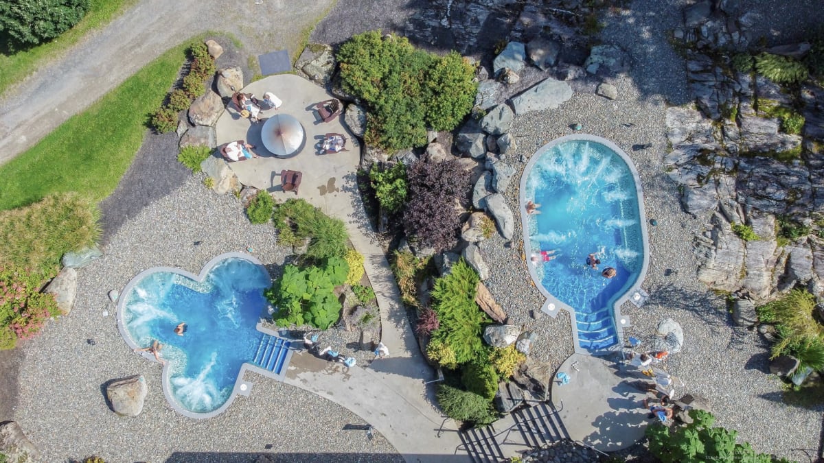 Aerial view of outdoor baths at Spa Eastman