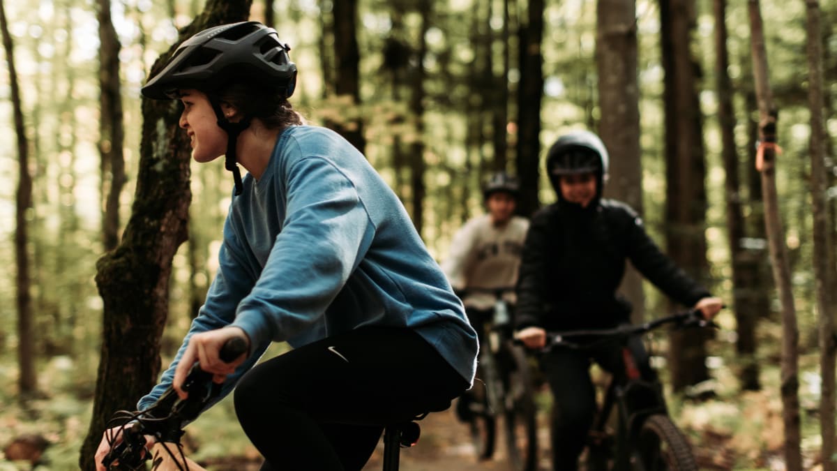 Cyclists in the woods in the regional park