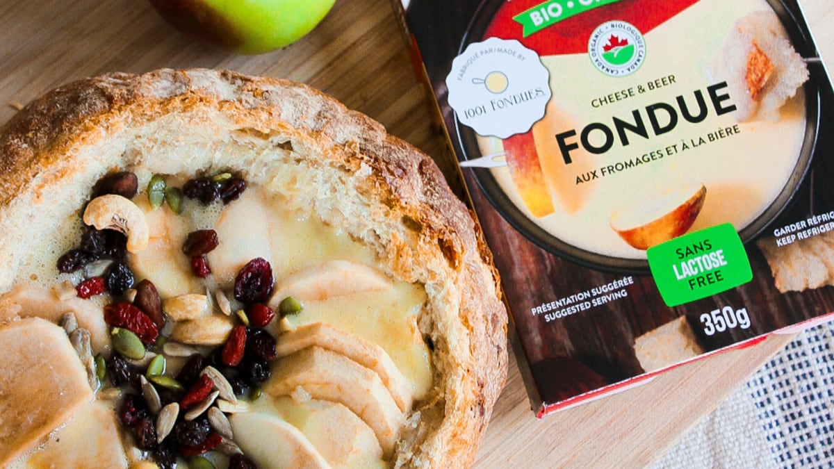 Cheese-stuffed bread and a package of fondue cheese from the l'Ancêtre company.