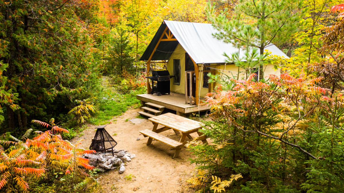 Cottage in the forest in a fall setting.