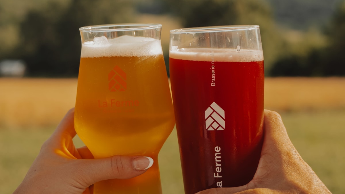 Deux verres de bière tenus par des personnes hors cadre devant un paysage montagneux.