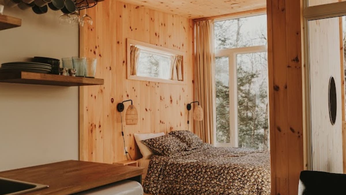 Intérieur d'un mini-chalet; ses murs sont faits de bois naturel et le lit est placé devant une grande fenêtre.