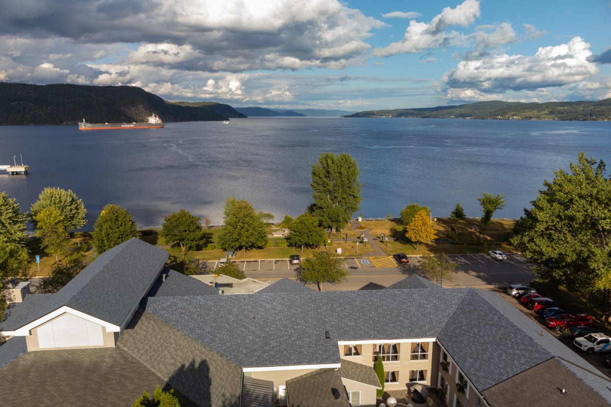 Aerial view of the hotel overlooking the fjord