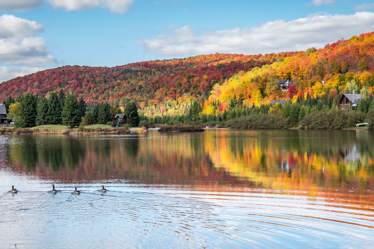 Vue panoramique d'un lac sur le site des Chalets Royal Laurentien, avec des montagnes colorées en arrière-plan.