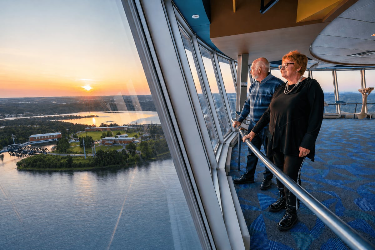 Au coucher de soleil, un couple admire la vue au sommet de la tour d’observation Hydro-Québec à La Cité de l'énergie.