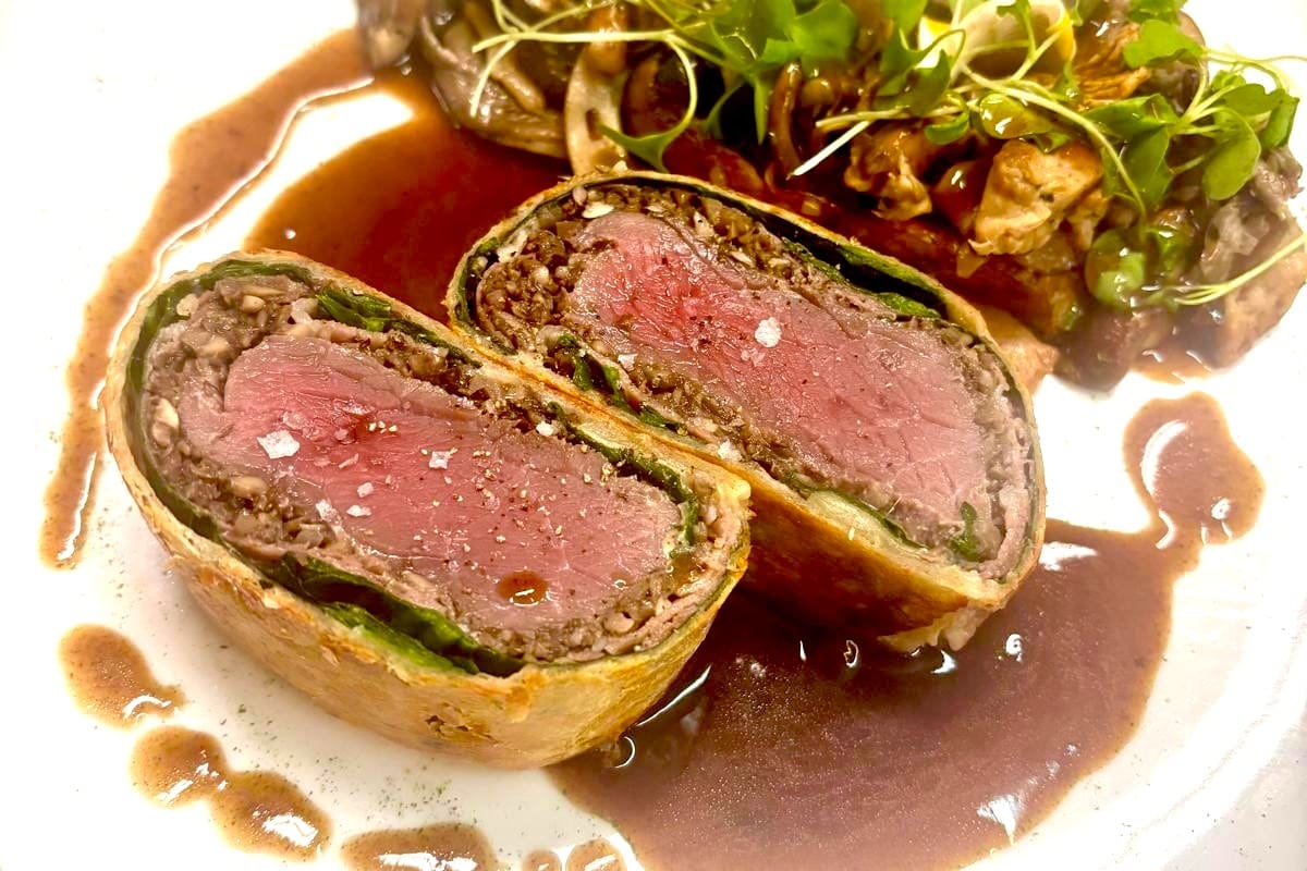 A beautifully presented plate of venison Wellington. 