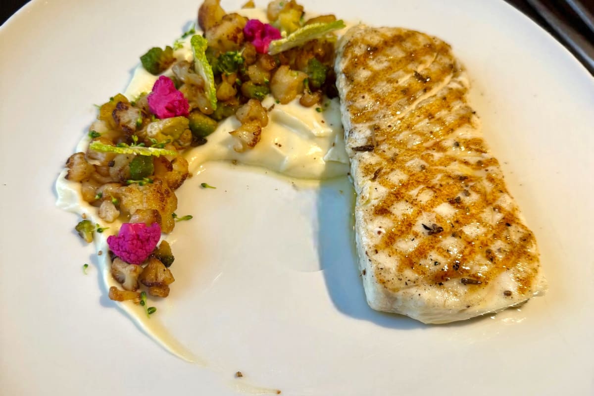 Grilled halibut with sweet gale butter.