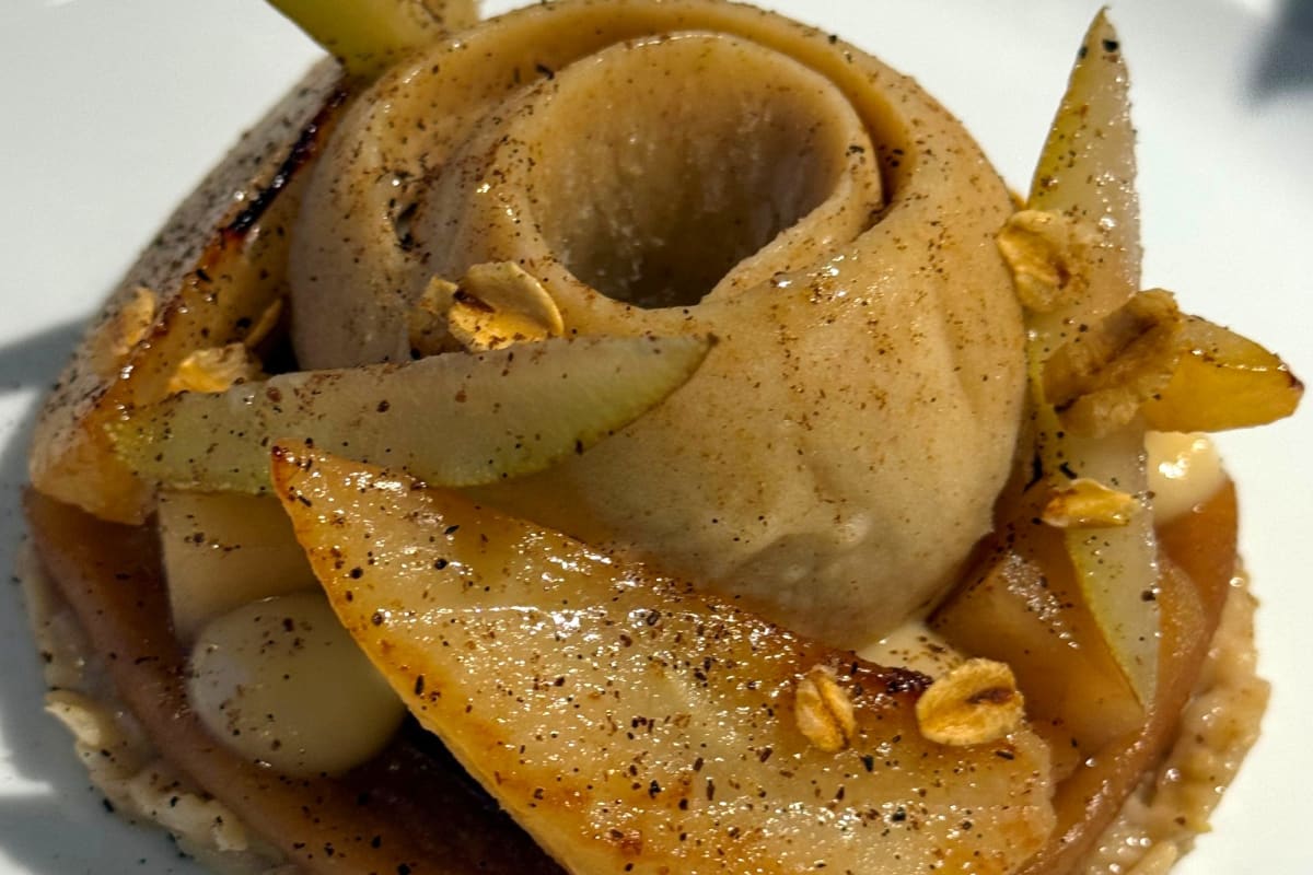 Flemish Beauty European pear served as a gourmet dessert.