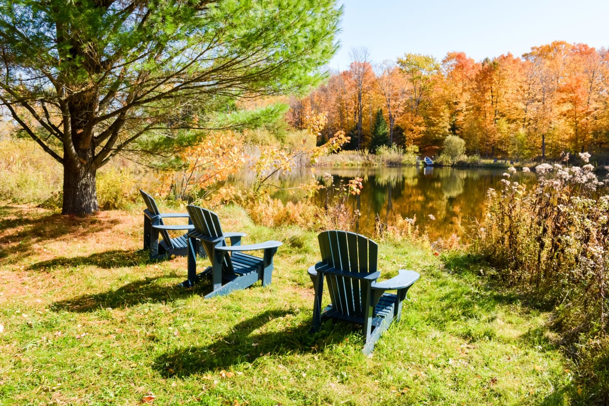 3 chaises Adirondack sur le bord de l'eau à l'automne.