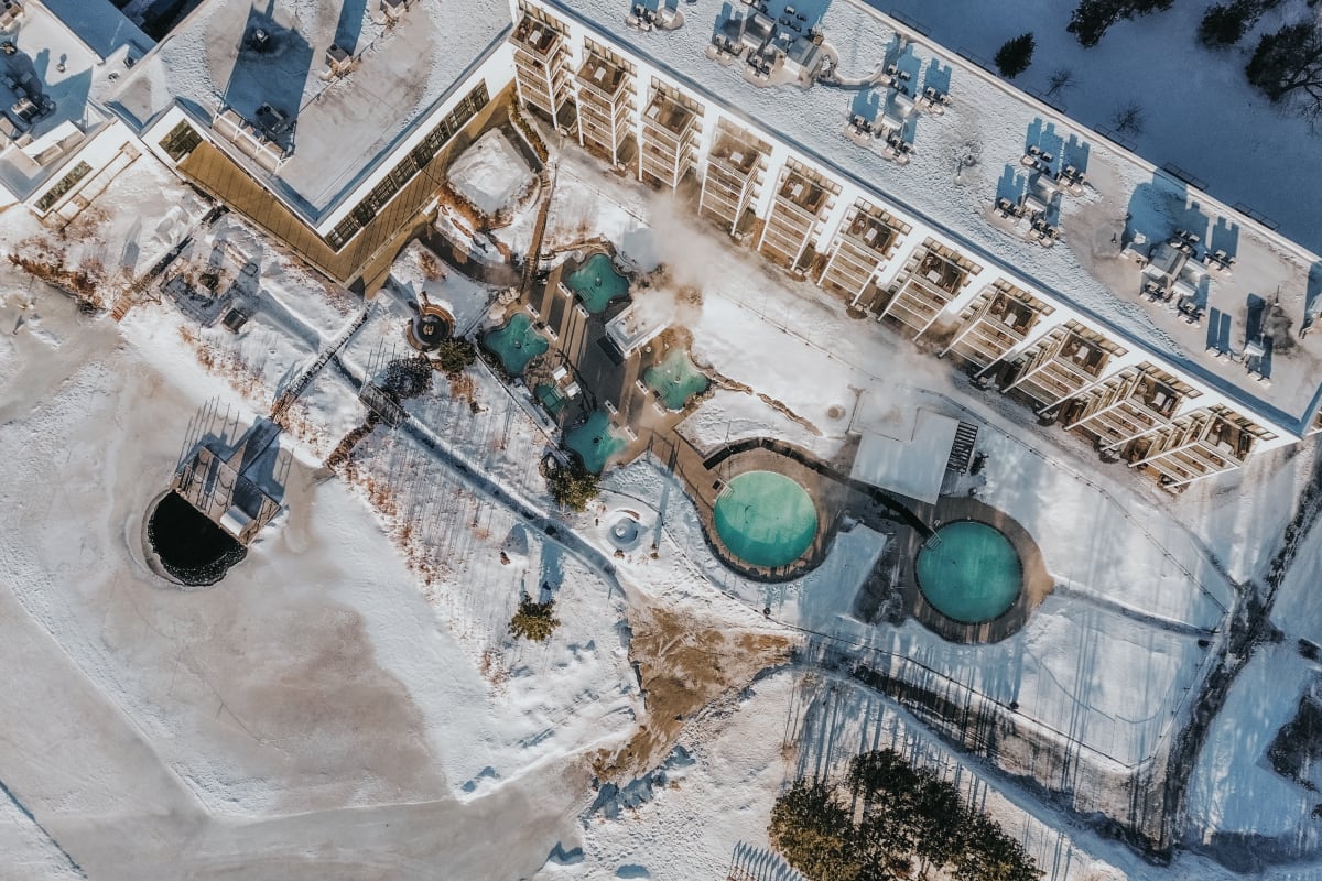 Aerial view of Estérel Resort spa in winter.
