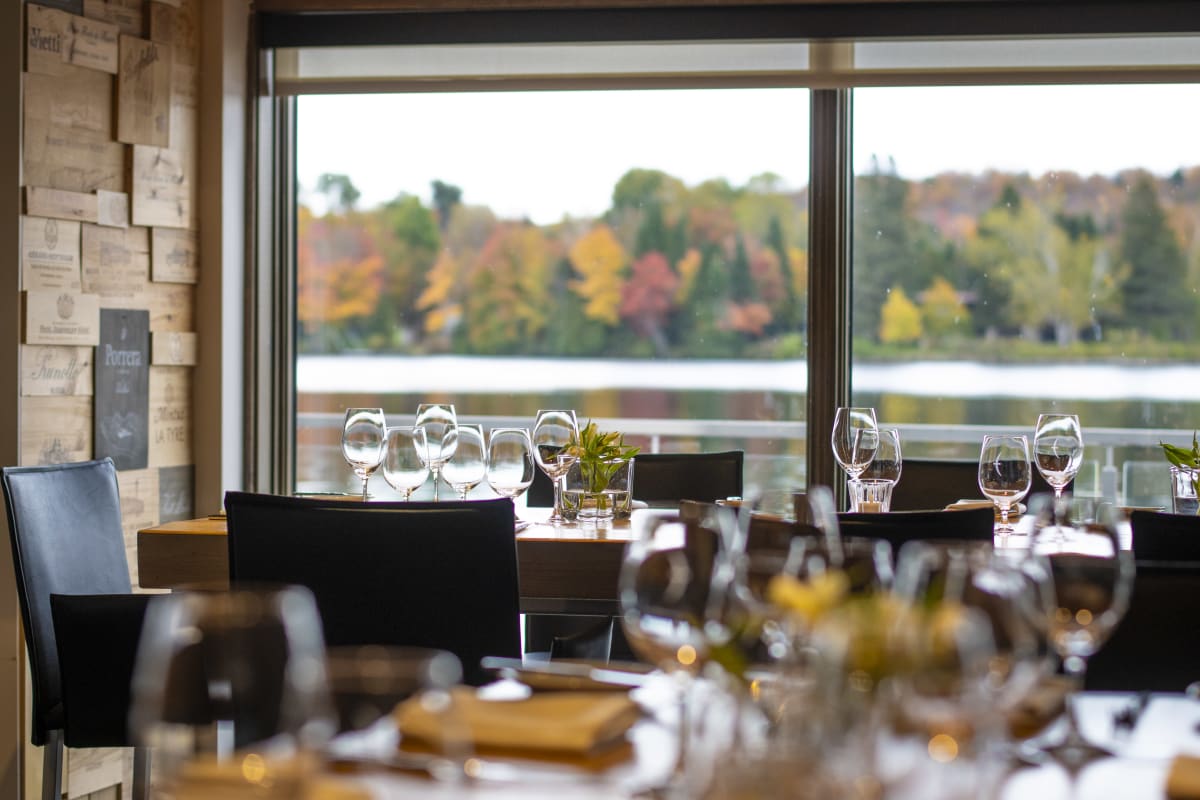 Dining room with a view of the fall landscape.