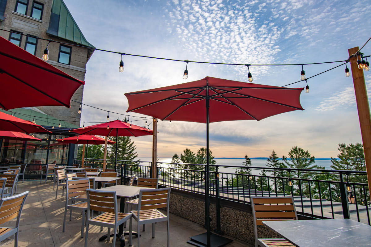 Terrace with a view of the St. Lawrence River at the Fairmont Le Manoir Richelieu.