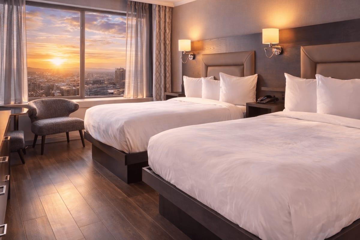 A bedroom with a view of the sunset from the window, Le Concorde Hotel.