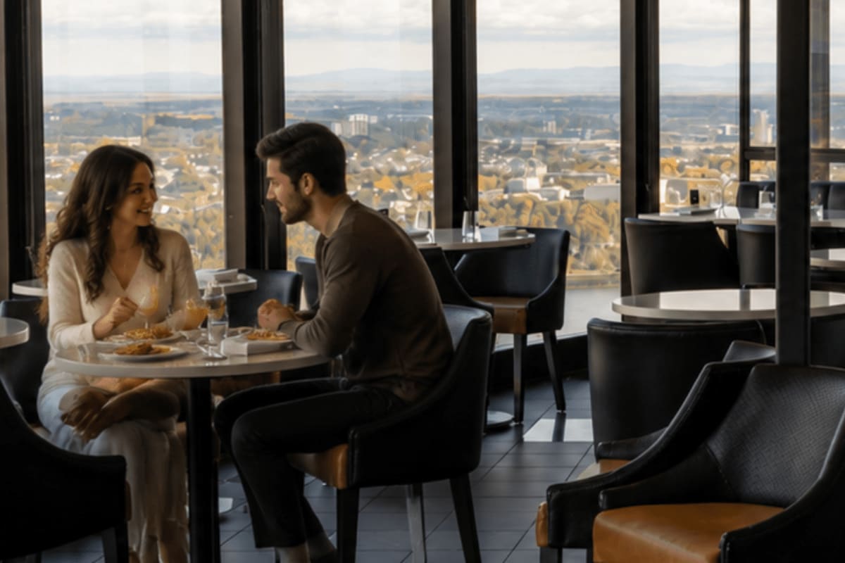 Un homme et une femme attablés en tête-à-tête à un restaurant en journée, avec une vue sur Québec de haut.