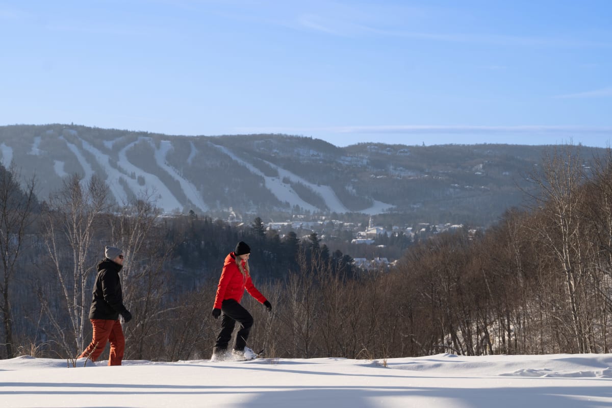 Deux personnes en raquette en haut de montagne.