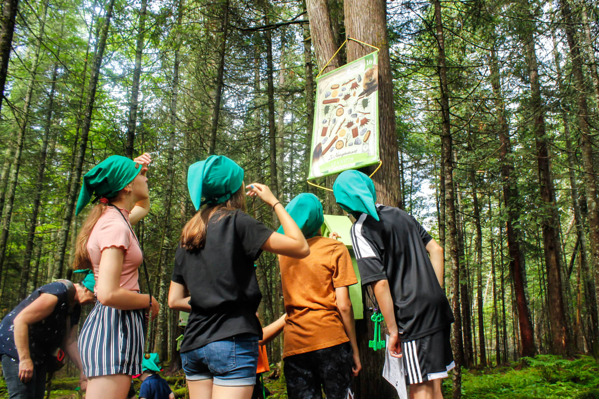 Kids with gnome caps on a treasure hunt in the forest.