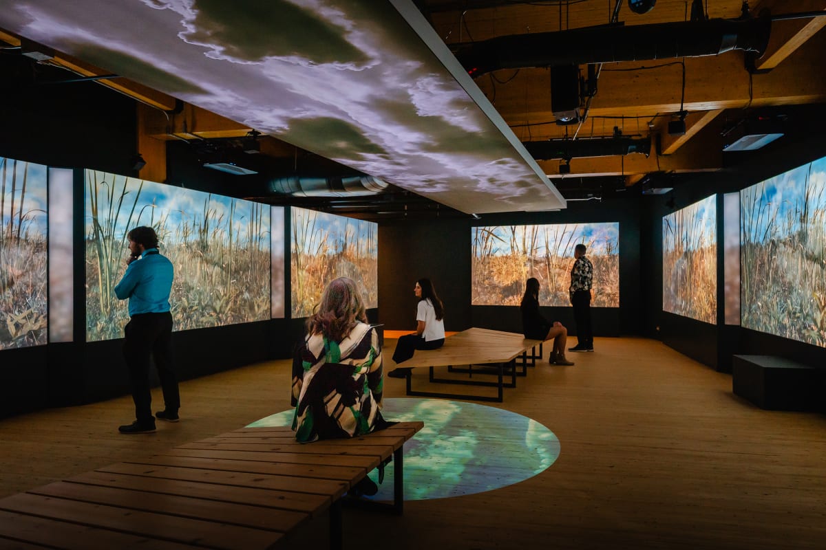 Many people at the Momenti exhibit at the Marais de la rivière des cerises.