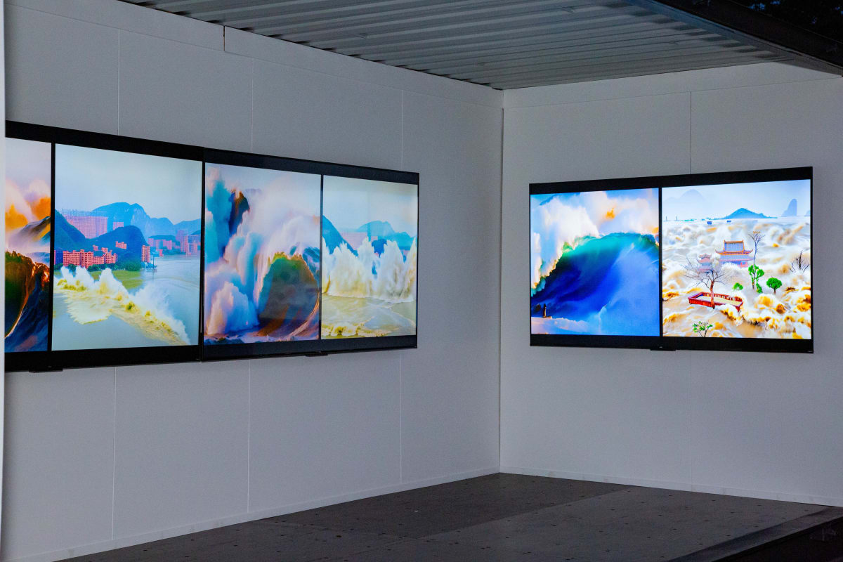 Écrans lumineux affichant des toiles au Festival MUTEK - For You I Will Be An Island par Chun Hua Catherine Dong