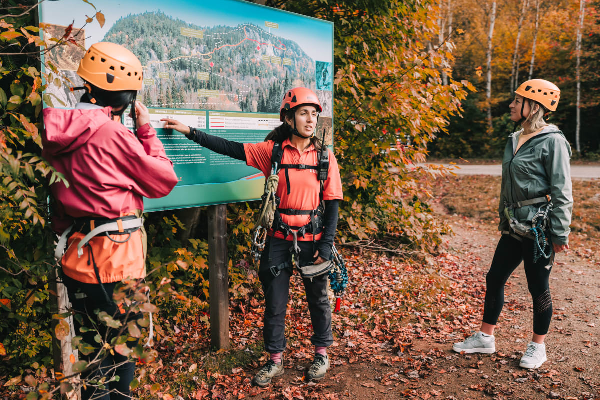 Group ready to go on the via ferrata trail at parc national du Mont-Tremblant.