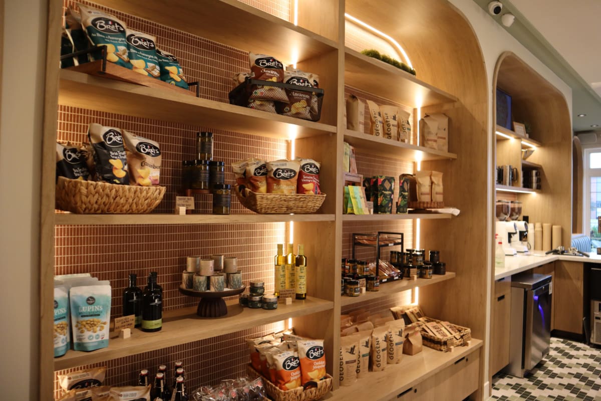Display shelves at a fine grocery store at Ratatouille.