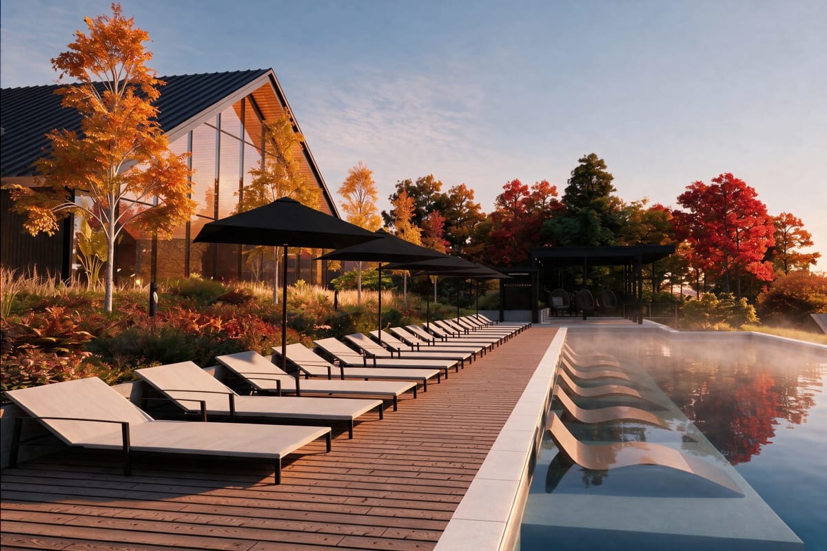 Espace piscine et détente à l'automne (rendu 3D).
