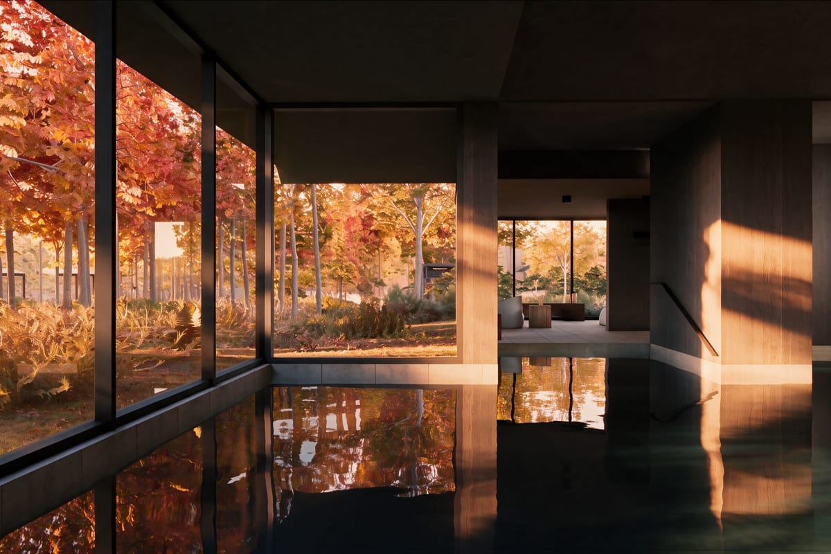 Bain intérieur vitré à l'automne (rendu 3D).