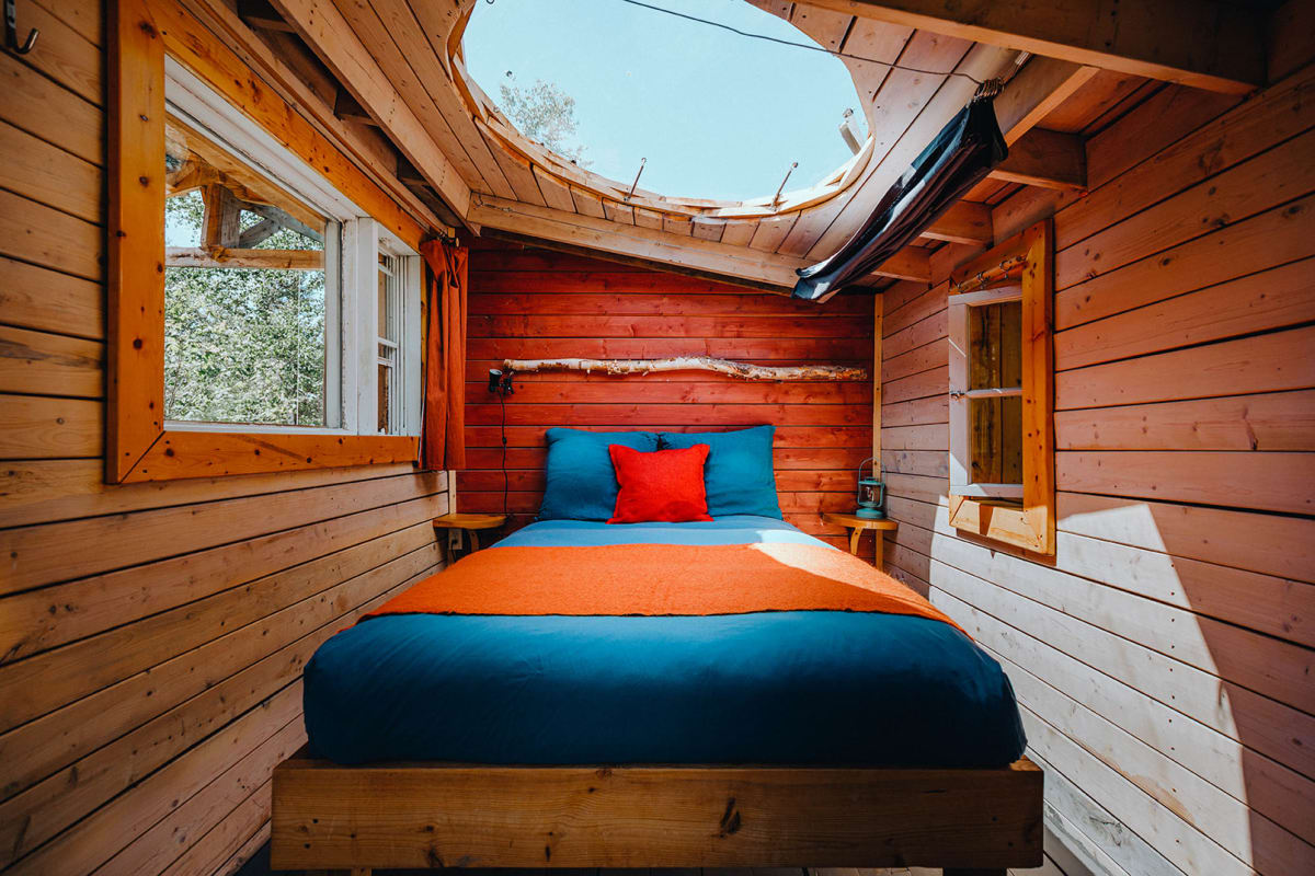 Canopée Lit - Intérieur d'une petite cabine avec lit et toit vitré.