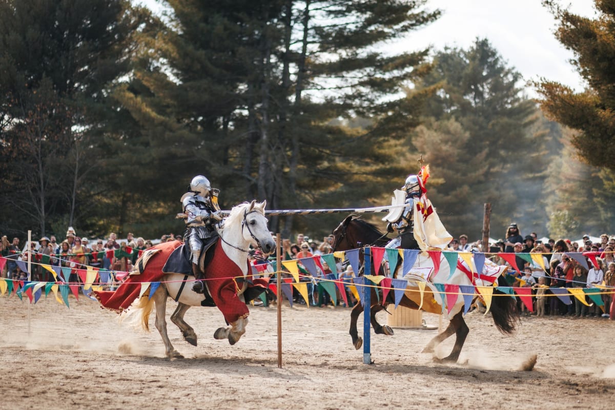 Two people jousting at the Medieval festival in Montpellier.