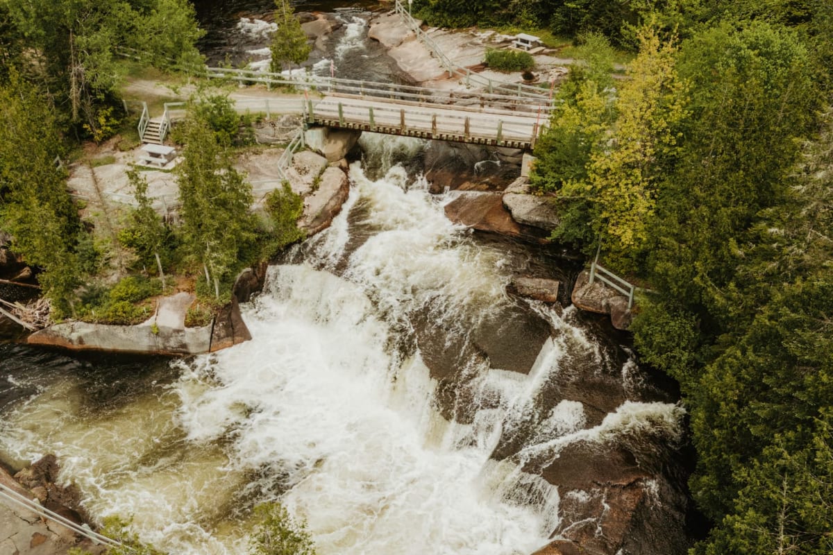 Aerial view of a waterfall in spring.