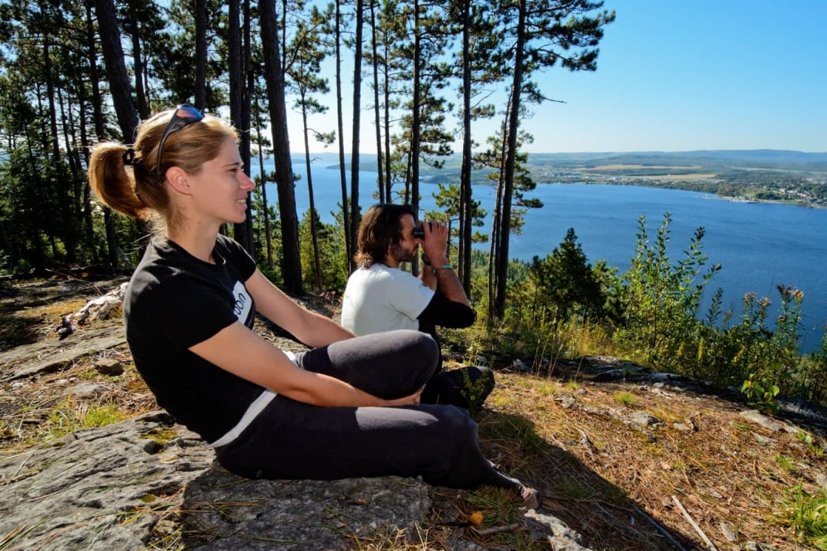 Two people at the lookout in Lac-Témiscouata National Park.