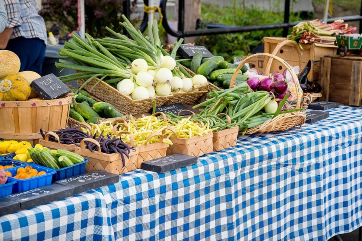 Table de kiosque avec légumes frais - Sainte-Anne-de-Bellevue.