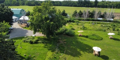 Le Mangeoir - Vue aérienne d'une ferme, avec des tables de pique-nique sur le gazon