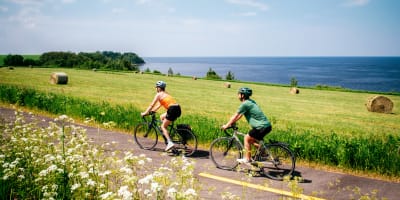 Véloroute des Bleuets - Deux individus se déplacent à vélo sur une piste cyclable en bordure de la campagne