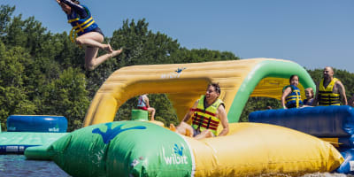 Inflatable water games at Parc Jean-Drapeau.