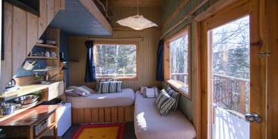 Interior view of a cabin with a canopy bed.