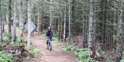 Centre récréotouristique des Hautes Terres - An individual riding a fatbike in a forest