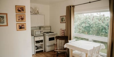 Kitchenette inside one of the Chalets au Petit Fribourg.