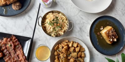 An Easter brunch set on a table.