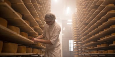 Cheesemonger with hundreds of cheeses on shelves.