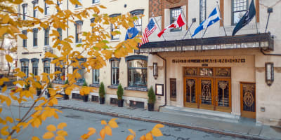 Facade of Clarendon Hotel in autumn.