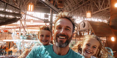 A father and his two children in a roller coaster having fun.
